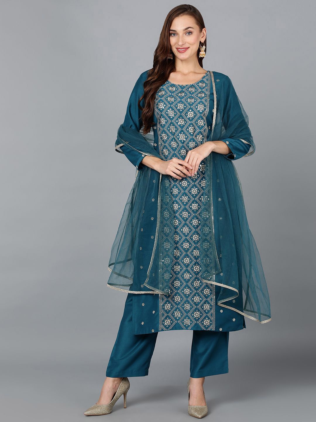 KALINI Floral Embroidered Round Neck Zari Straight Kurta & Trousers With Dupatta
