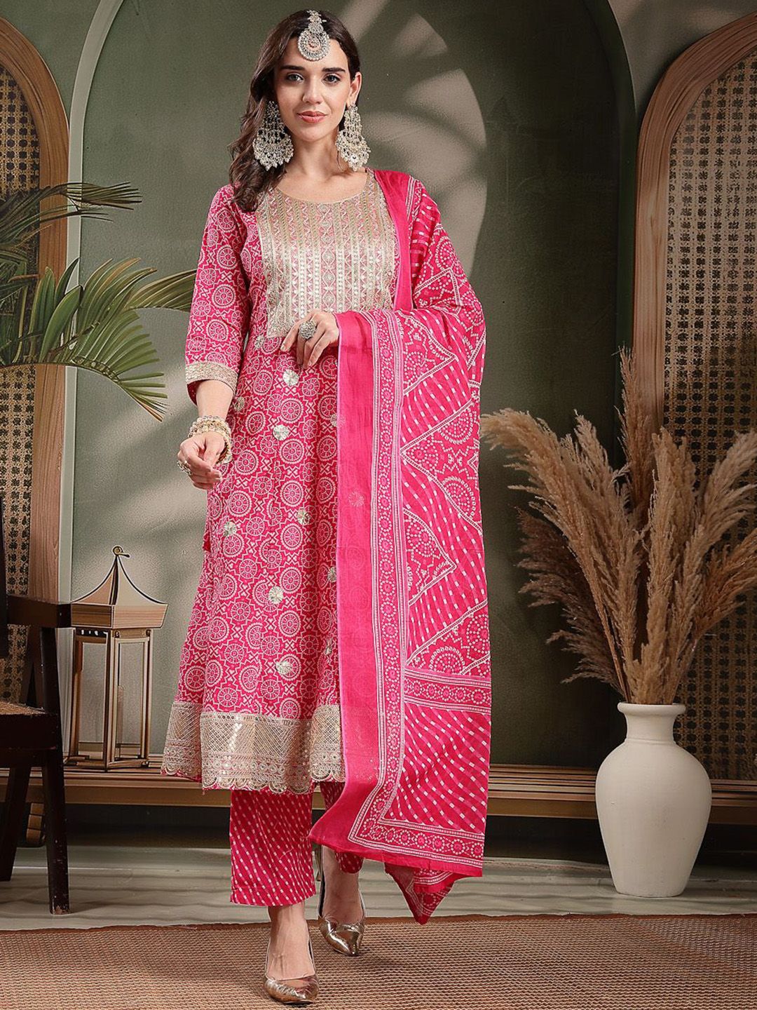 HERE&NOW Women Ethnic Motifs Pleated Pure Cotton Kurta & Palazzo With Dupatta