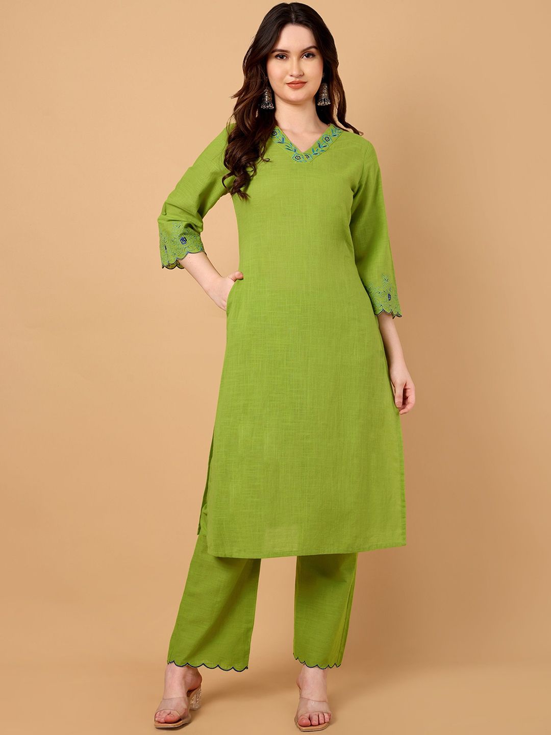 Azira Floral Embroidered V-Neck Thread Work Pure Cotton Straight Kurta With Trouser