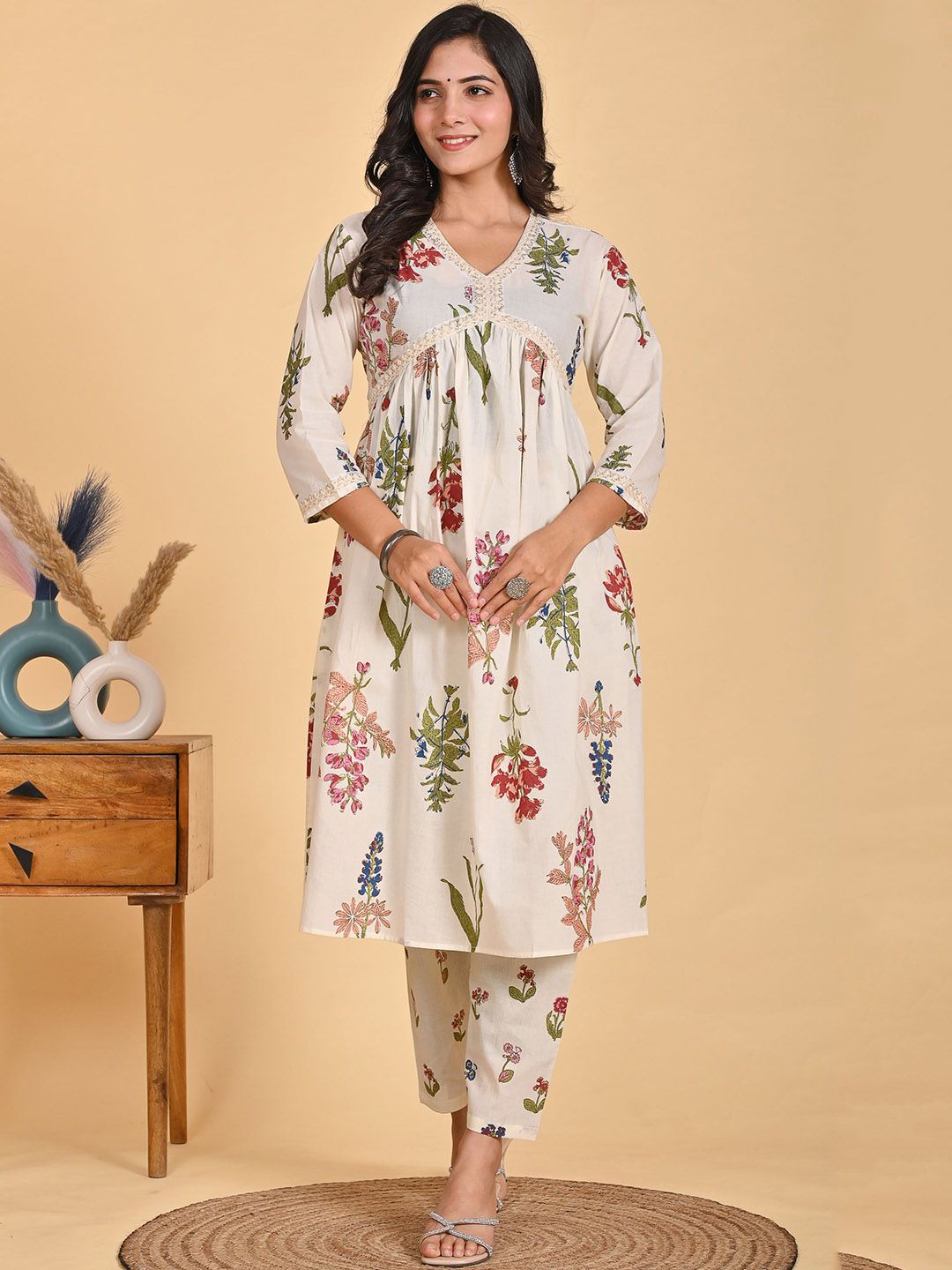 Parth S Fashion Floral Printed V-Neck Empire A-line Kurta With Trousers