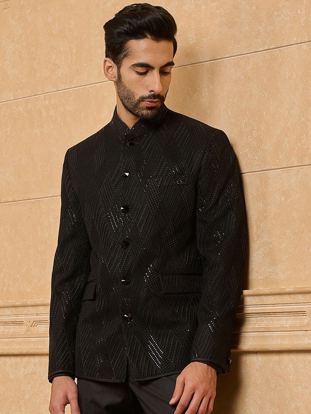 Tasva Embroidered Jodhpuri Mandarin Collar Georgette Bandhgala Blazer-image-39
