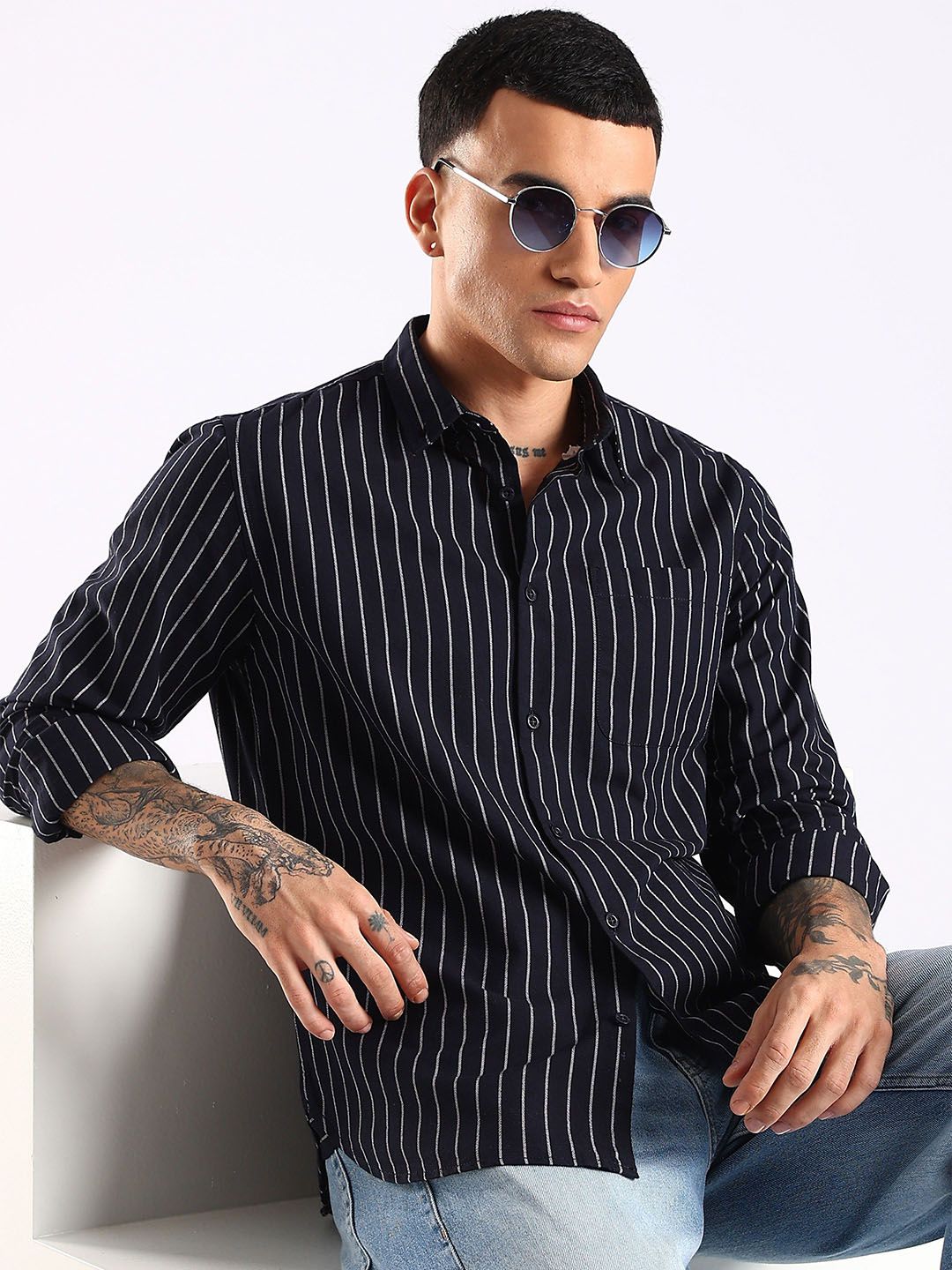 HERE&NOW Men Slim Fit Vertical Striped Button-Down Collar Cotton Casual Shirt-picture-31