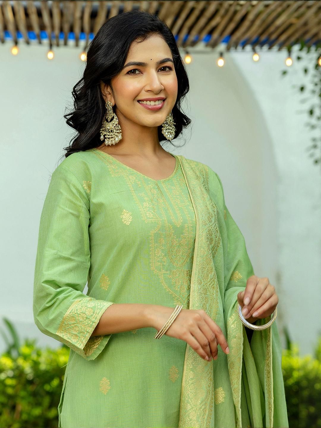 SANISA Women Green Cotton Blend Kurta Sets