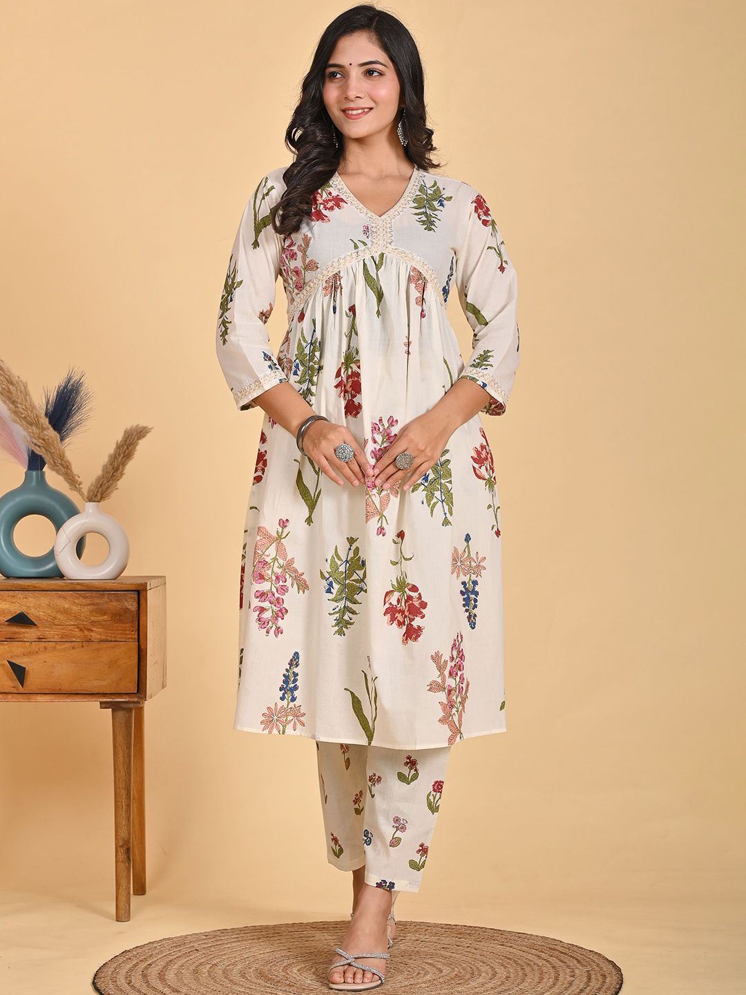 Parth Creation Women Printed Pleated Mukaish Kurta with Trousers