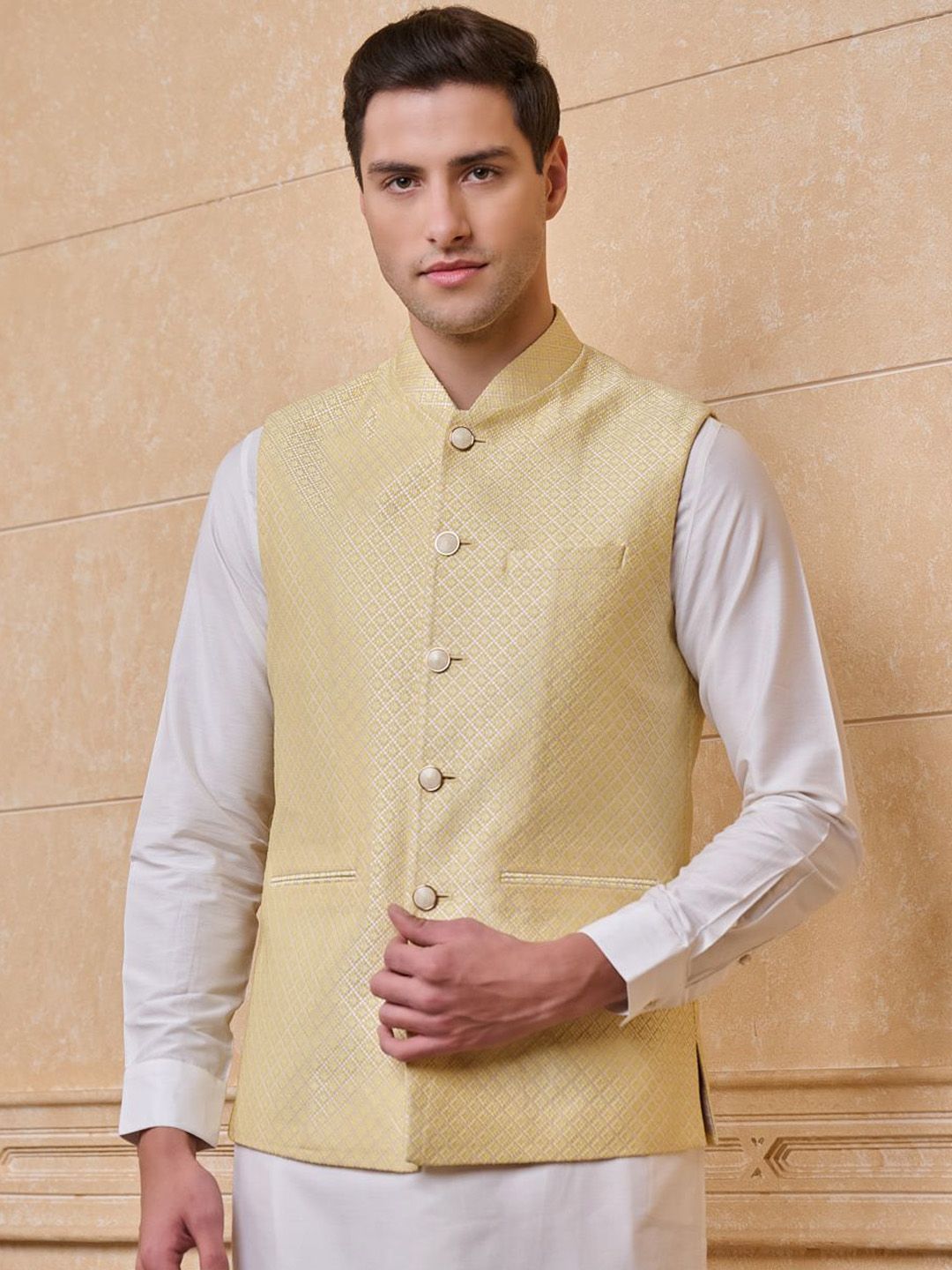 Tasva Woven Designed Brocade Woven Nehru Jacket-image-9