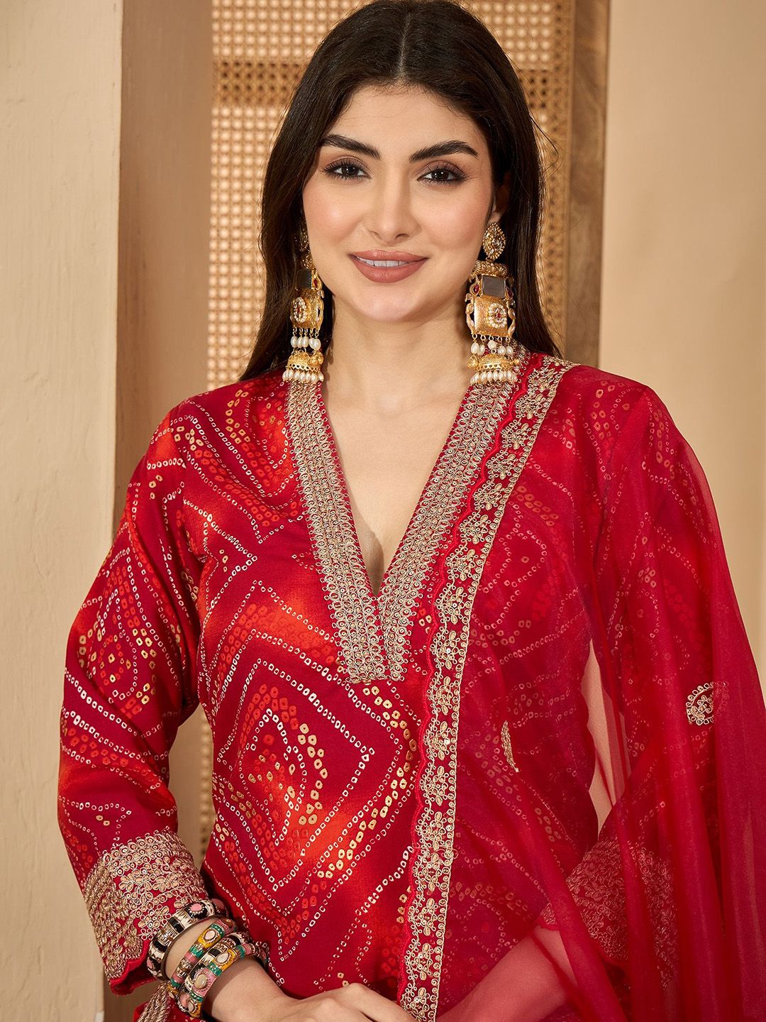 Sangria Bandhani Printed Straight Kurta with Trouser & Dupatta