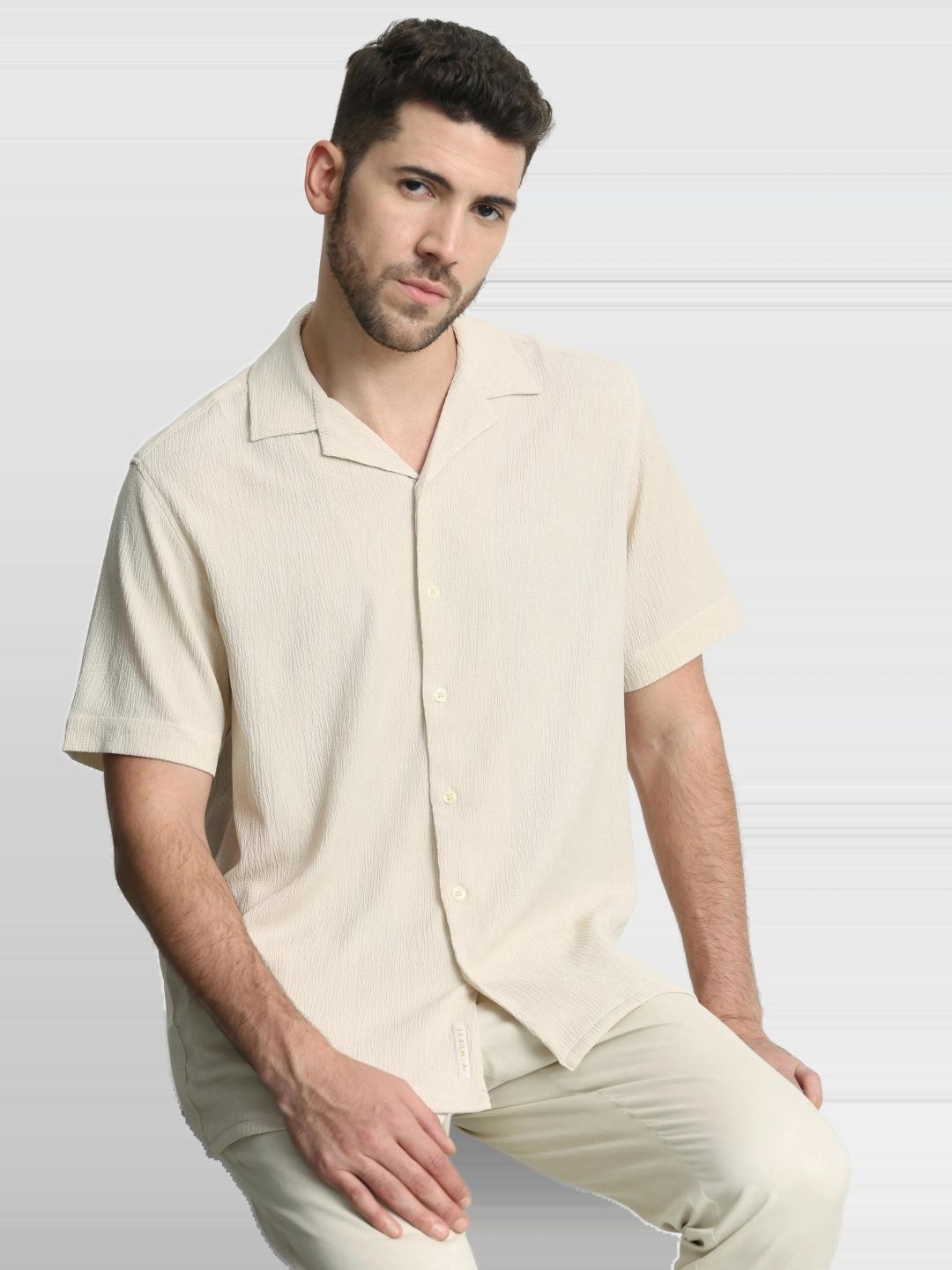 Mufti Relaxed Fit Textured Cuban Collar Casual Cotton Shirt-picture-31