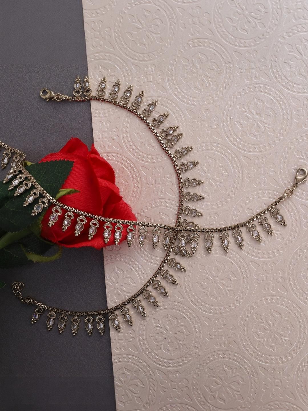 SALONI FASHION JEWELLERY Women Set Of 2 Brown Gold-Plated Crystals Traditional Anklet-picture-20