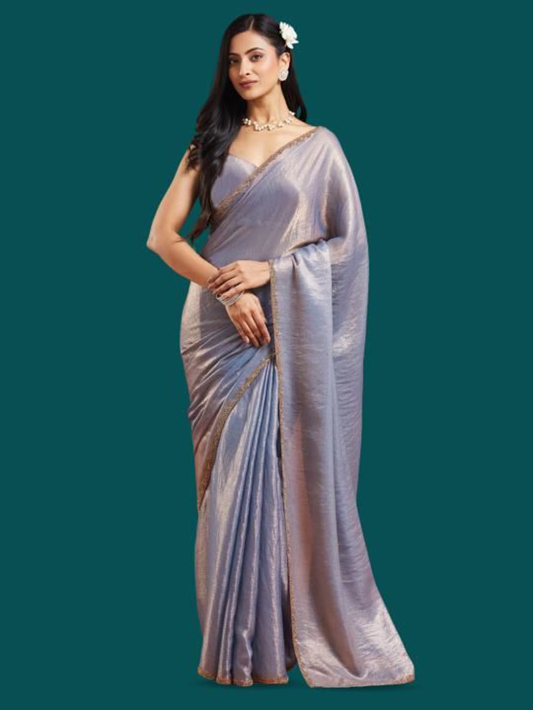 LOROFY Embellished Beads and Stones Border Organza Saree-picture-34