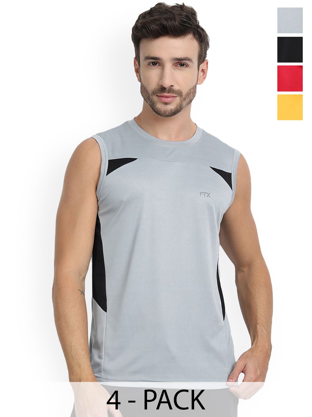 FTX Pack Of 4 Colourblocked Round Neck Sleeveless Dry-Fit Sports Vests-image-3