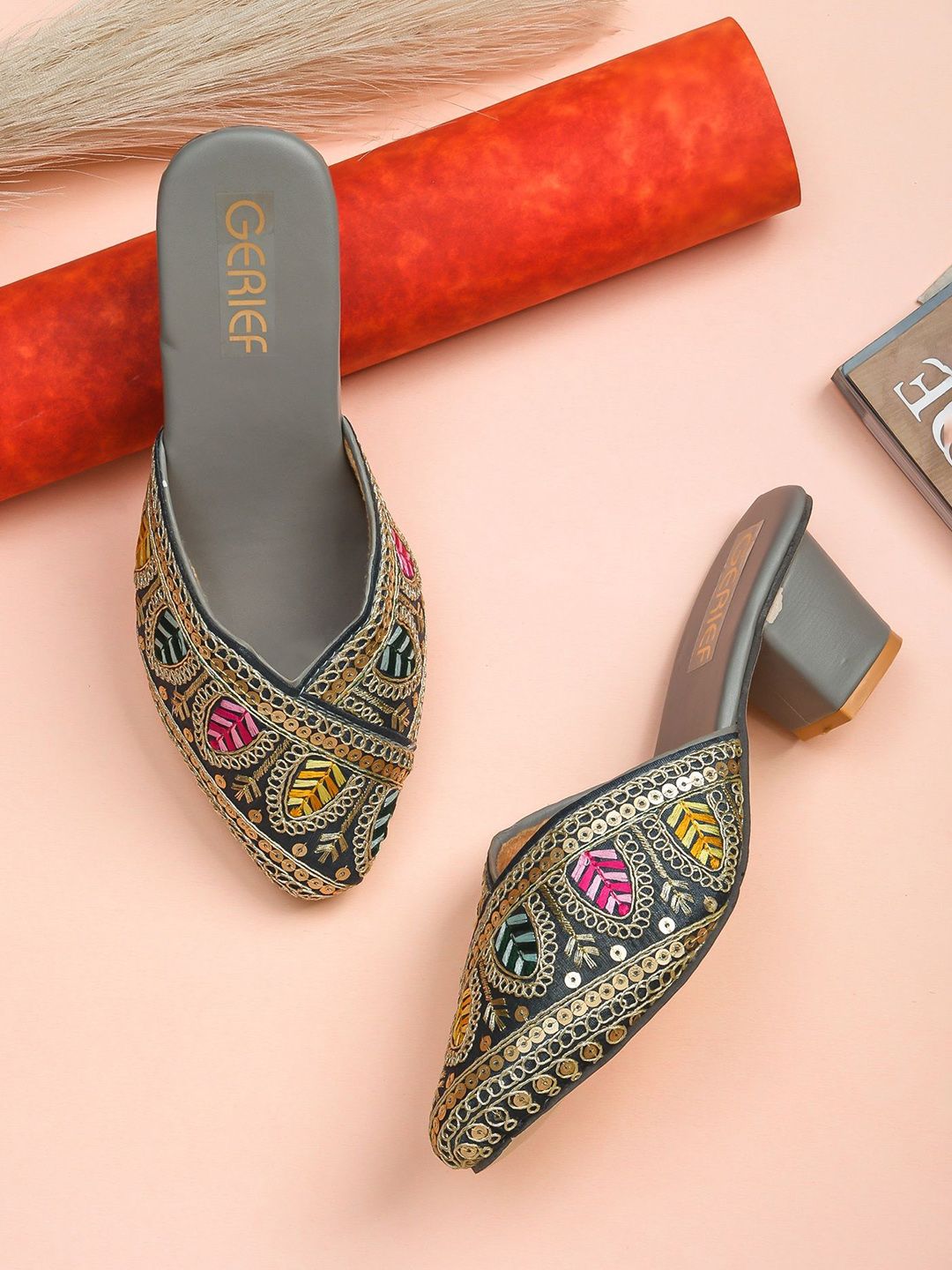 GERIEF Women Embellished Pointed Toe Block Heel Mules-image-17