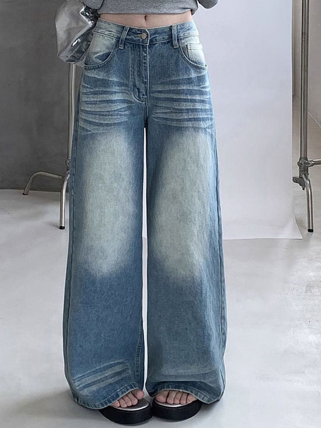 LULU & SKY Women Wide Leg Low-Rise Low Distress Heavy Fade Jeans-image-46