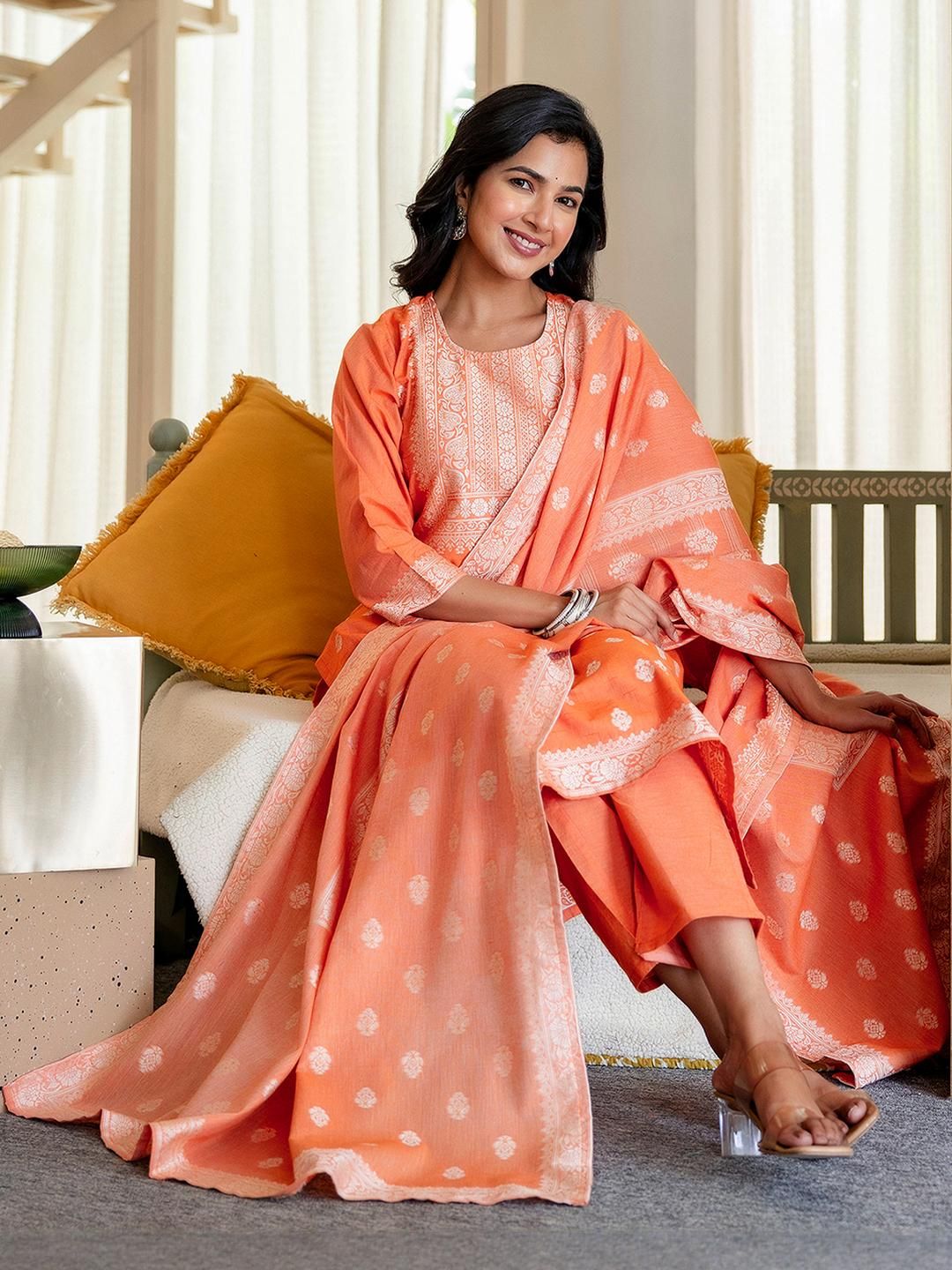 SANISA Women Orange Cotton Blend Kurta Sets