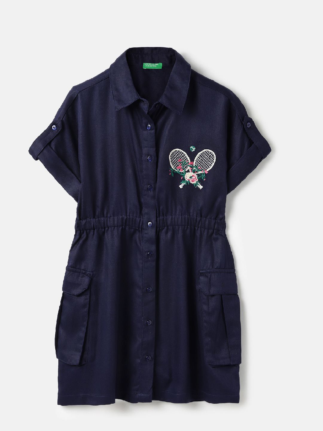 United Colors of Benetton Girls Embroidered Shirt Midi Dress with Utility Pockets-picture-40