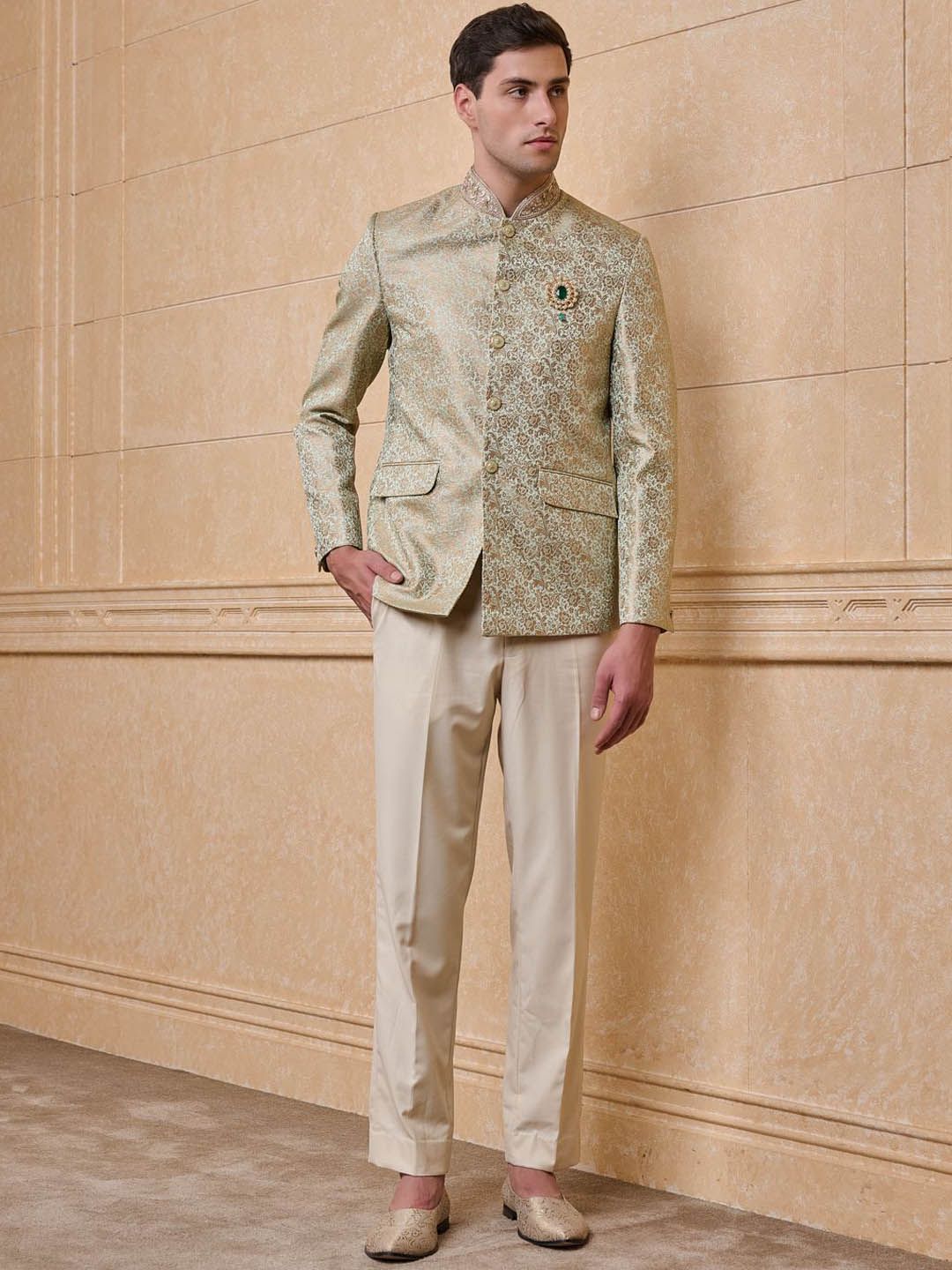 Tasva Self Design Mandarin Collar Jacquard Jodhpuri Blazer-picture-40