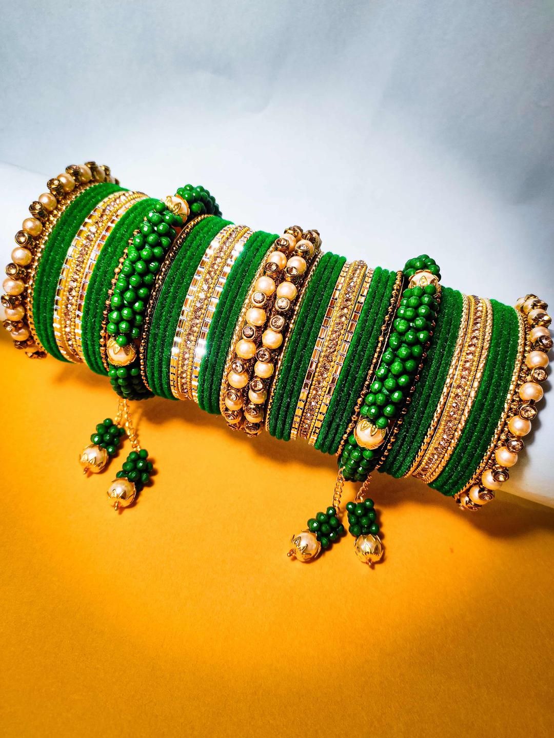 Amika Gold-Plated & Green Alloy Artificial Stones & Beads Bangles-image-4