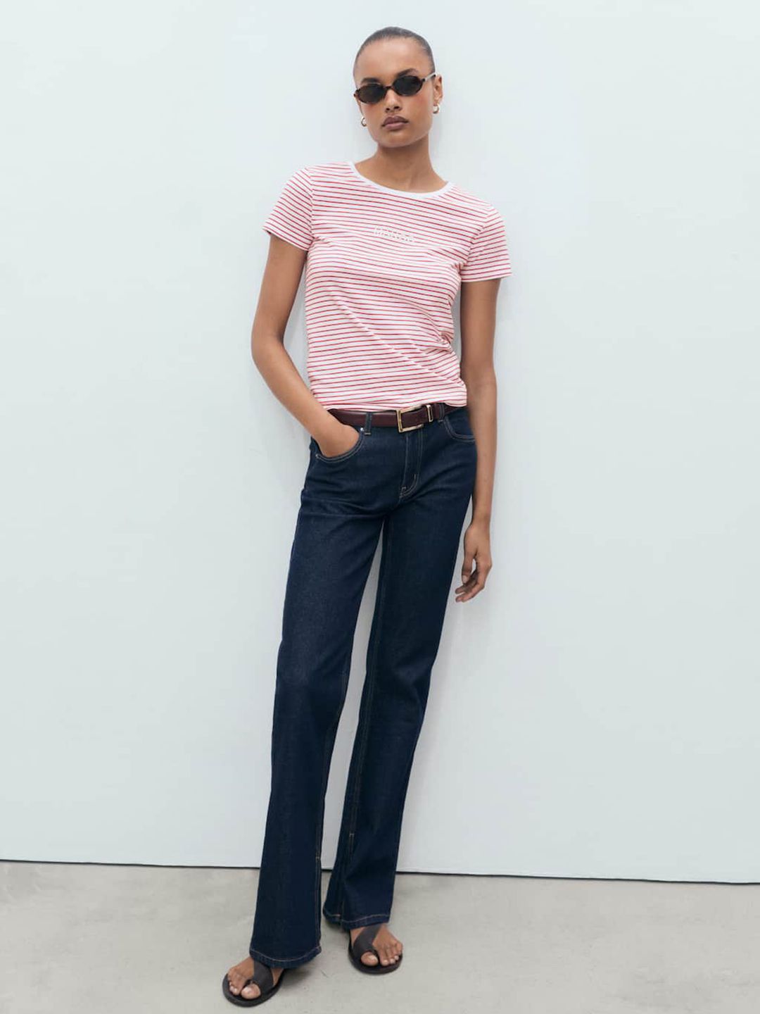 MANGO Striped Brand Logo Printed Pure Cotton T-shirt