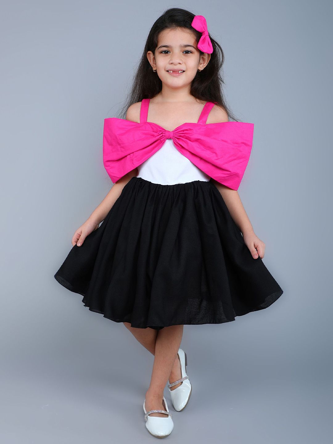 Pink Chick Girls Colourblocked Shoulder Straps Fit & Flare Bow Dress-picture-35