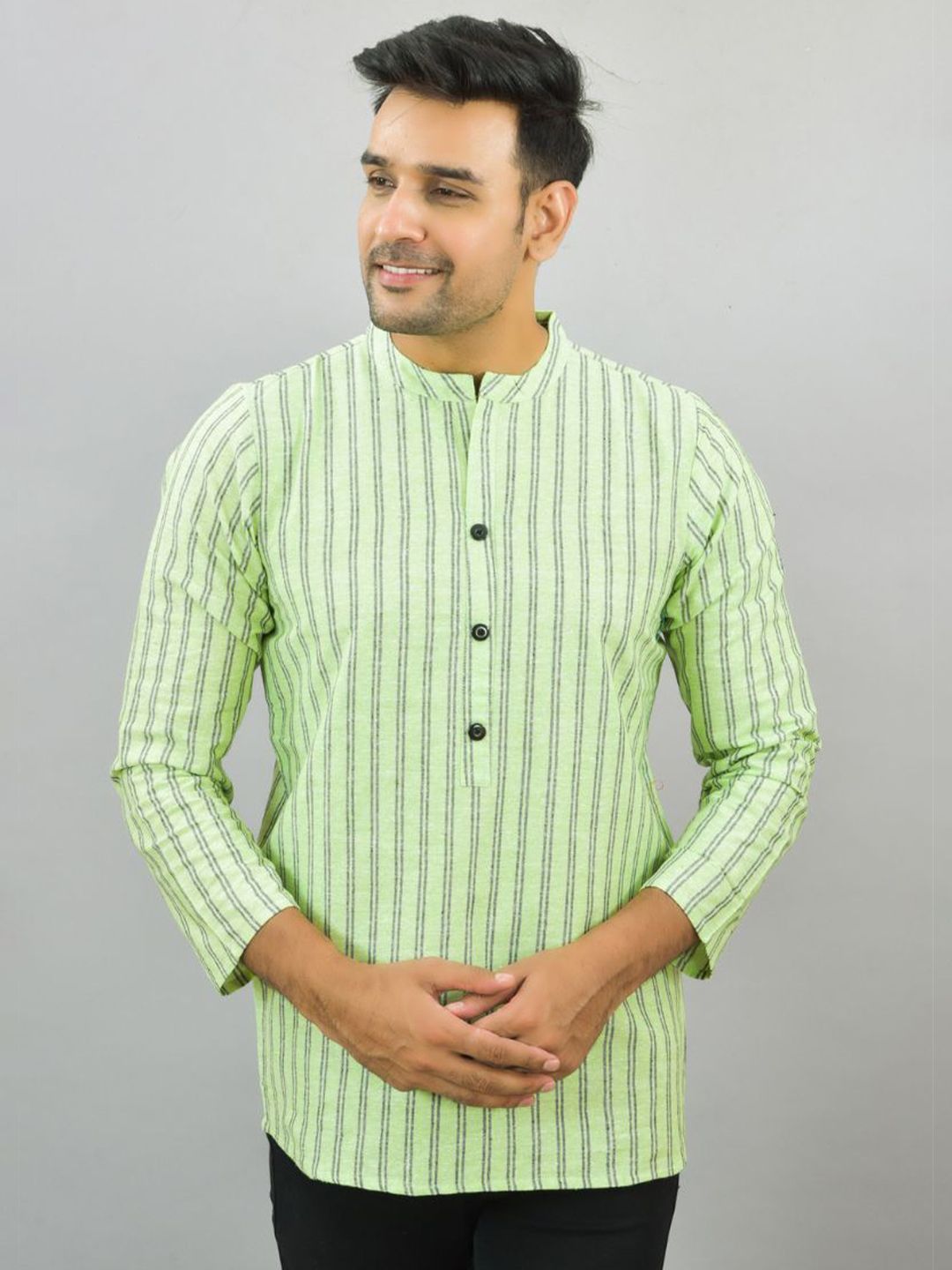 Anouk Rustic Men Striped Thread Work Handloom Pathani Kurta-picture-12