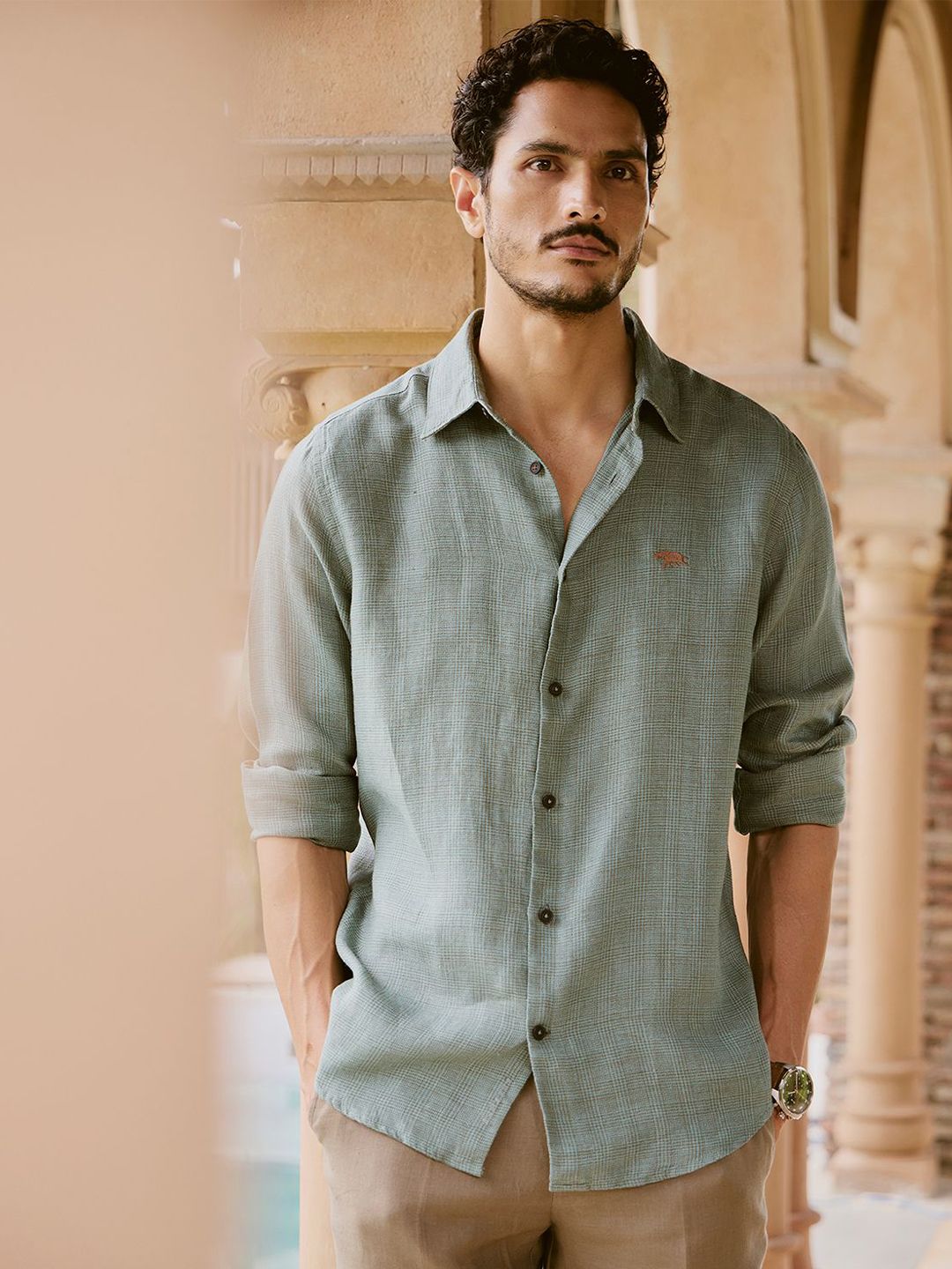Andamen Slim Fit Checked Long Sleeves Linen Shirt-picture-51