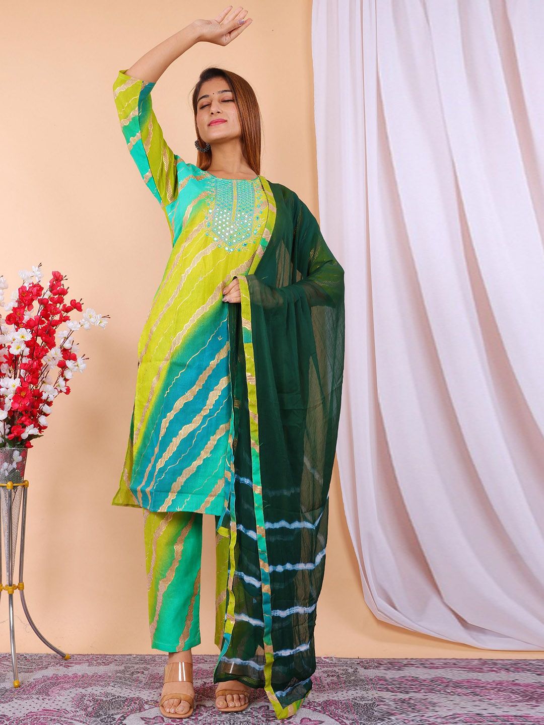 The Parth Fashion Women ColourblockedMirror Work Empire  Kurta with Trousers & Dupatta