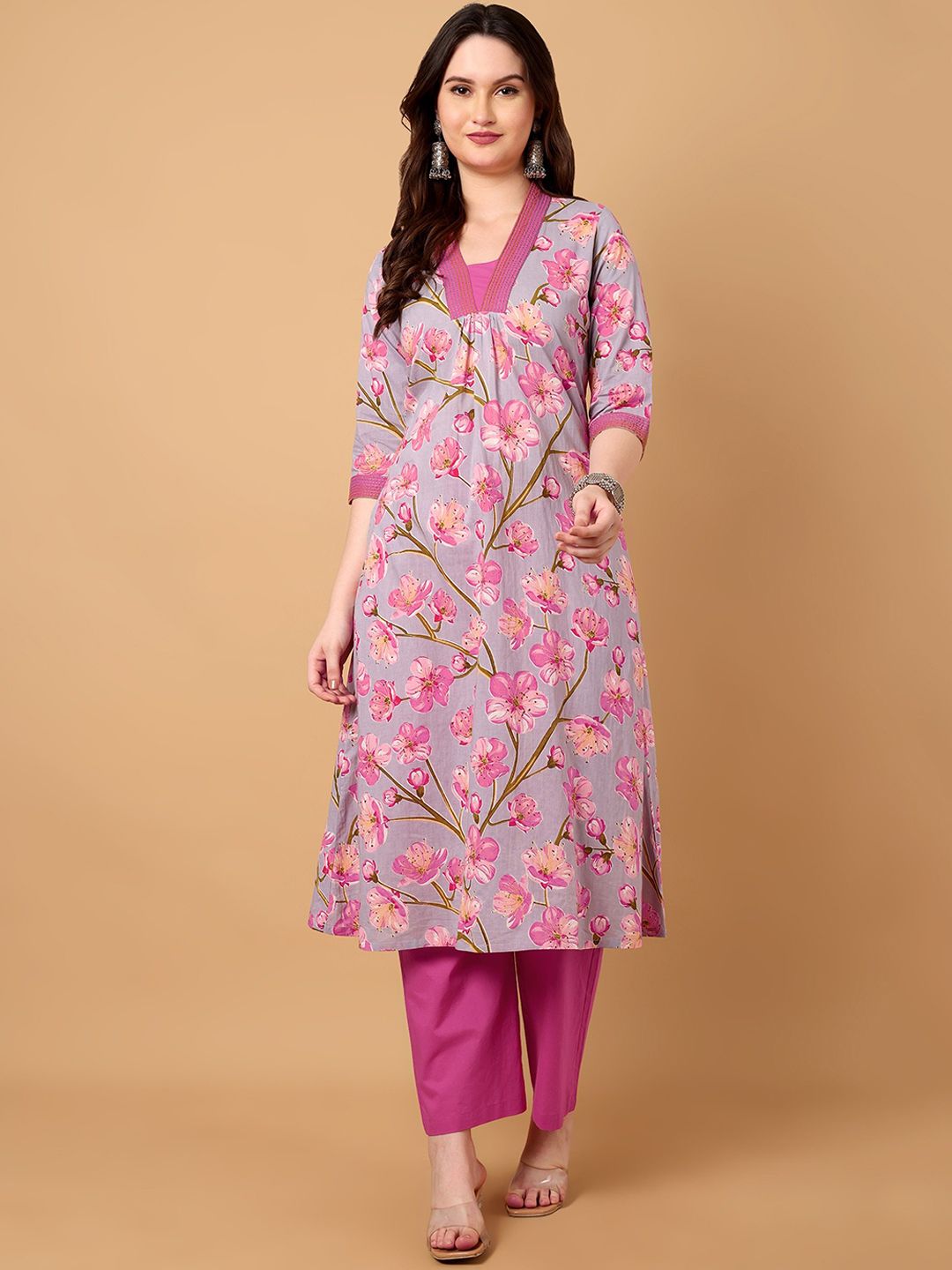 Azira Women Floral Printed Pure Cotton A-Line Kurta with Palazzo