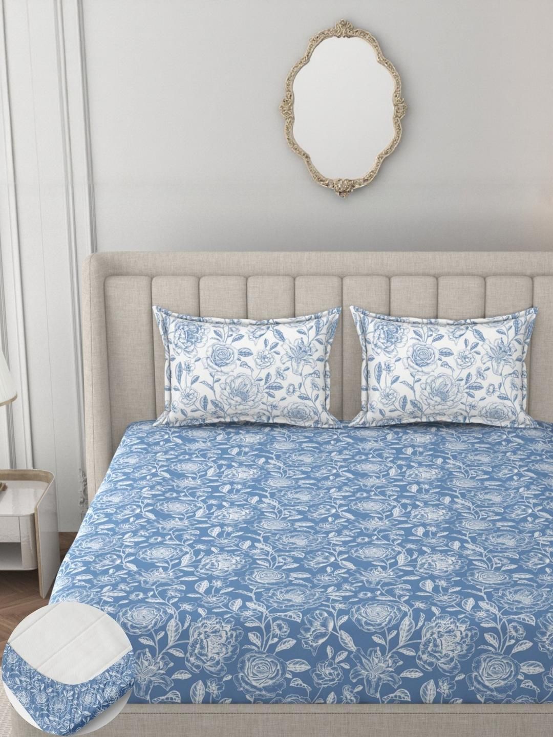 HIDECOR Blue & Off White Floral 210 TC King Bedsheet with 2 Pillow Covers-picture-28