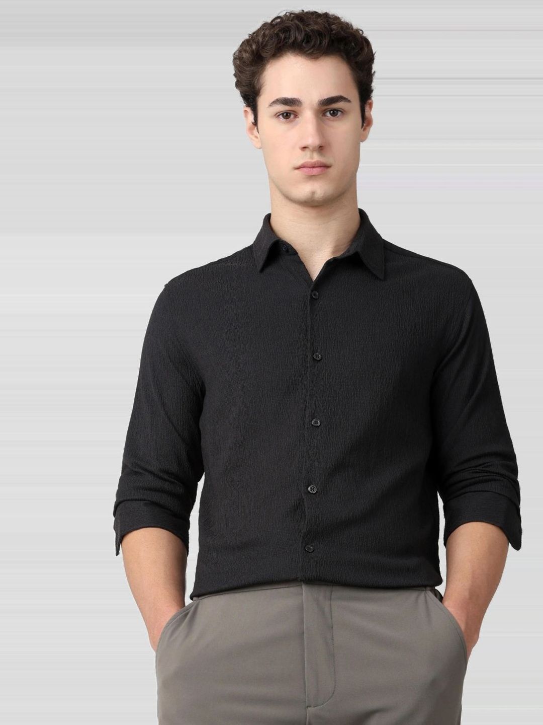 Mufti Men Slim Fit Solid Spread Collar Cotton Casual Shirt-picture-27