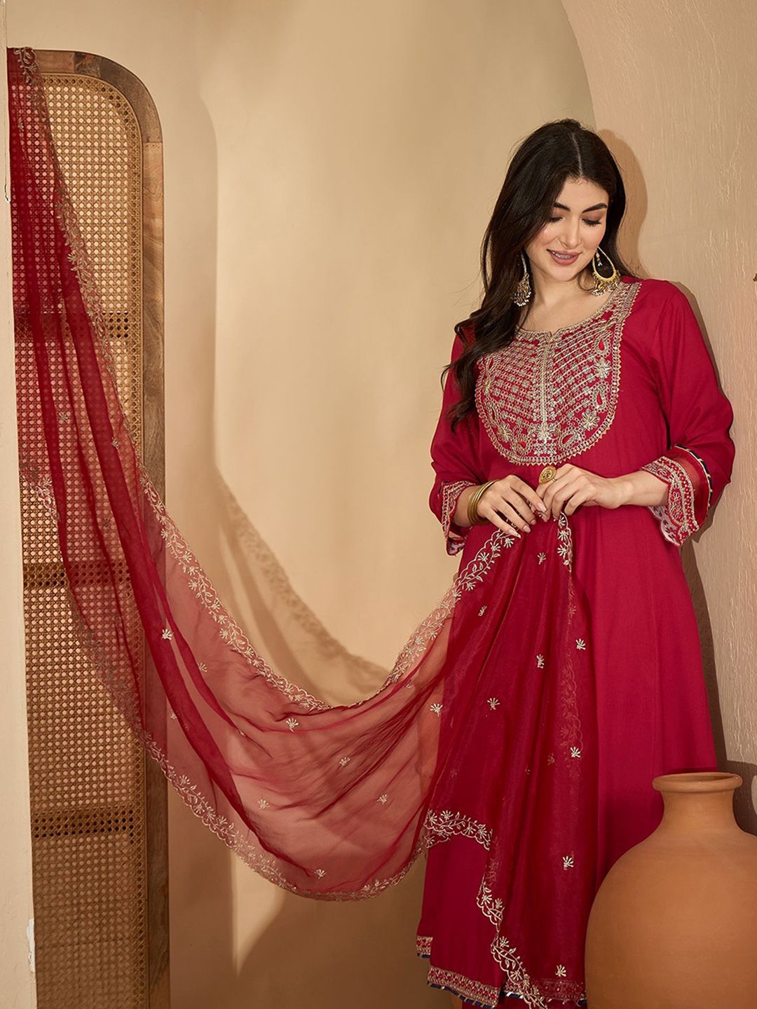 Sangria Women Embroidered Anarkali Kurta with Trousers & Dupatta Kurta Sets