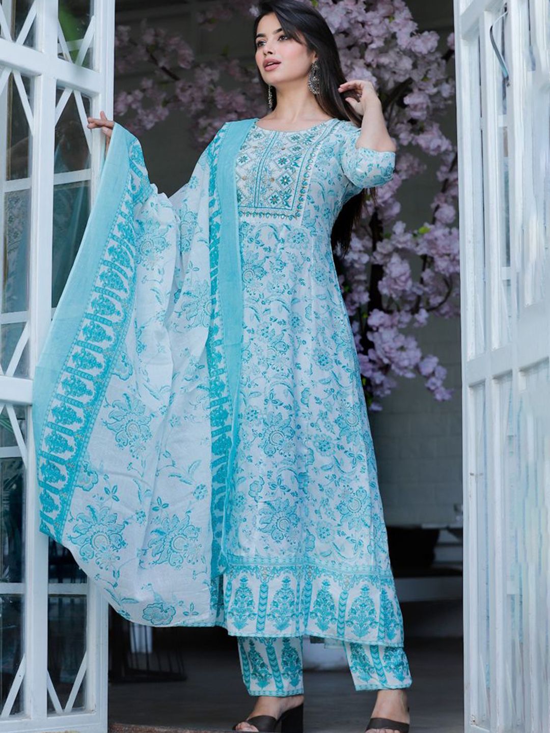 PAARDINI Floral Printed Sequinned Round Neck A-Line Kurta With Trousers And Dupatta