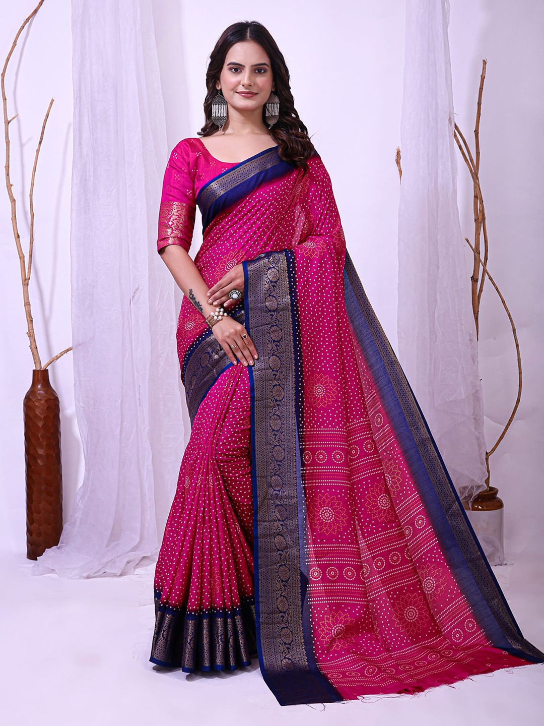 HERE&NOW Bandhani Printed Zari Pure Cotton Bandhani Saree-picture-40