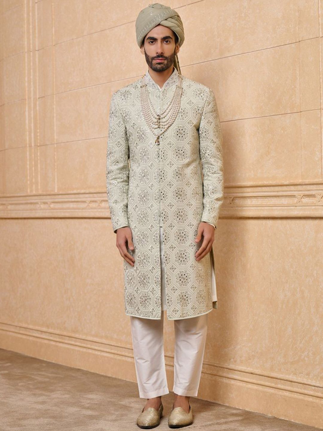 Tasva Embroidered Mirror Work Mandarin Collar Sherwani Set-picture-11