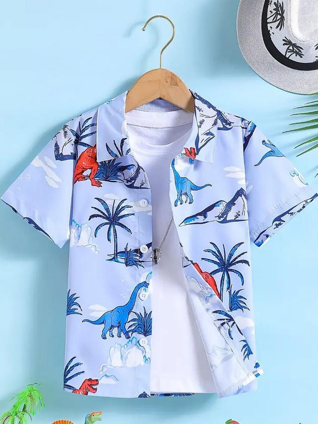 SHREE VANKIYA HANUMANJI FASHION Unisex Kids Blue Dinosaur Printed Casual Shirt-picture-22