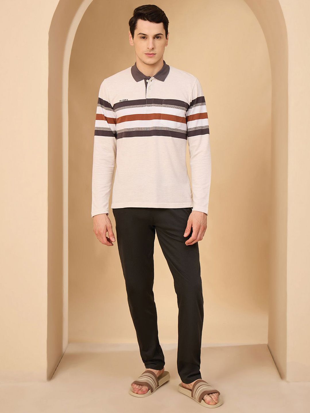 Sweet Dreams Men Striped Shirt Collar T-shirt & Pyjamas-picture-41