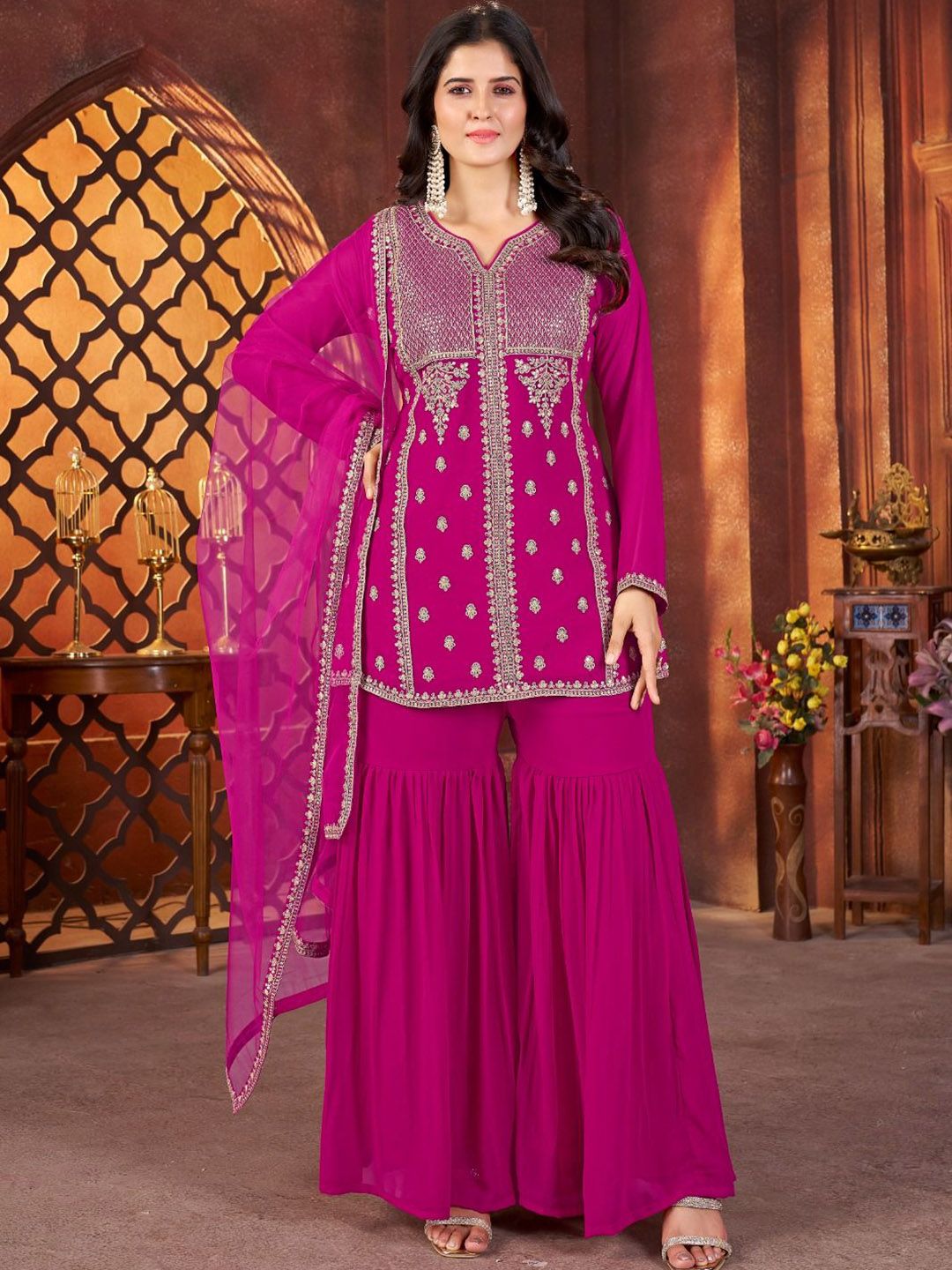 WAZIX Clothing Embroidered Thread Work Georgette A-Line Kurti & Sharara & Dupatta