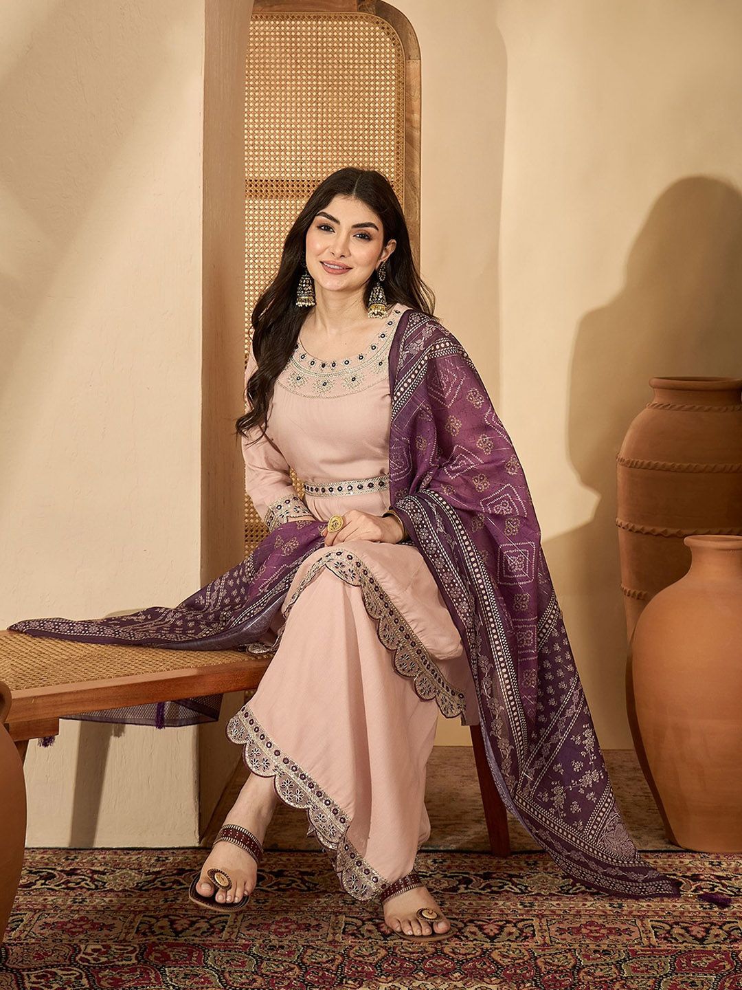 Sangria Women Embroidered A-Line Kurti & Sharara With Dupatta