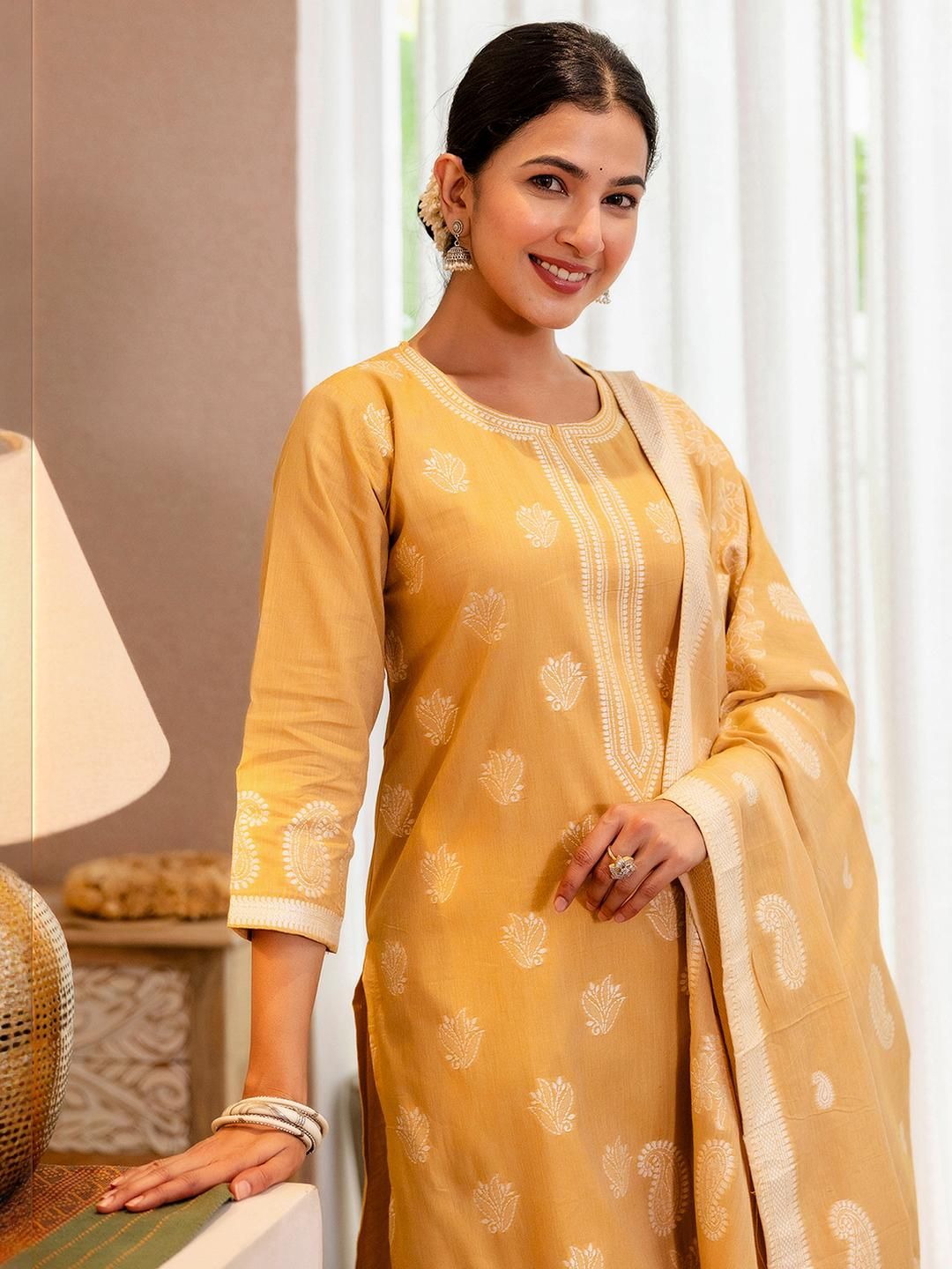 SANISA Women Mustard Cotton Blend Kurta Sets