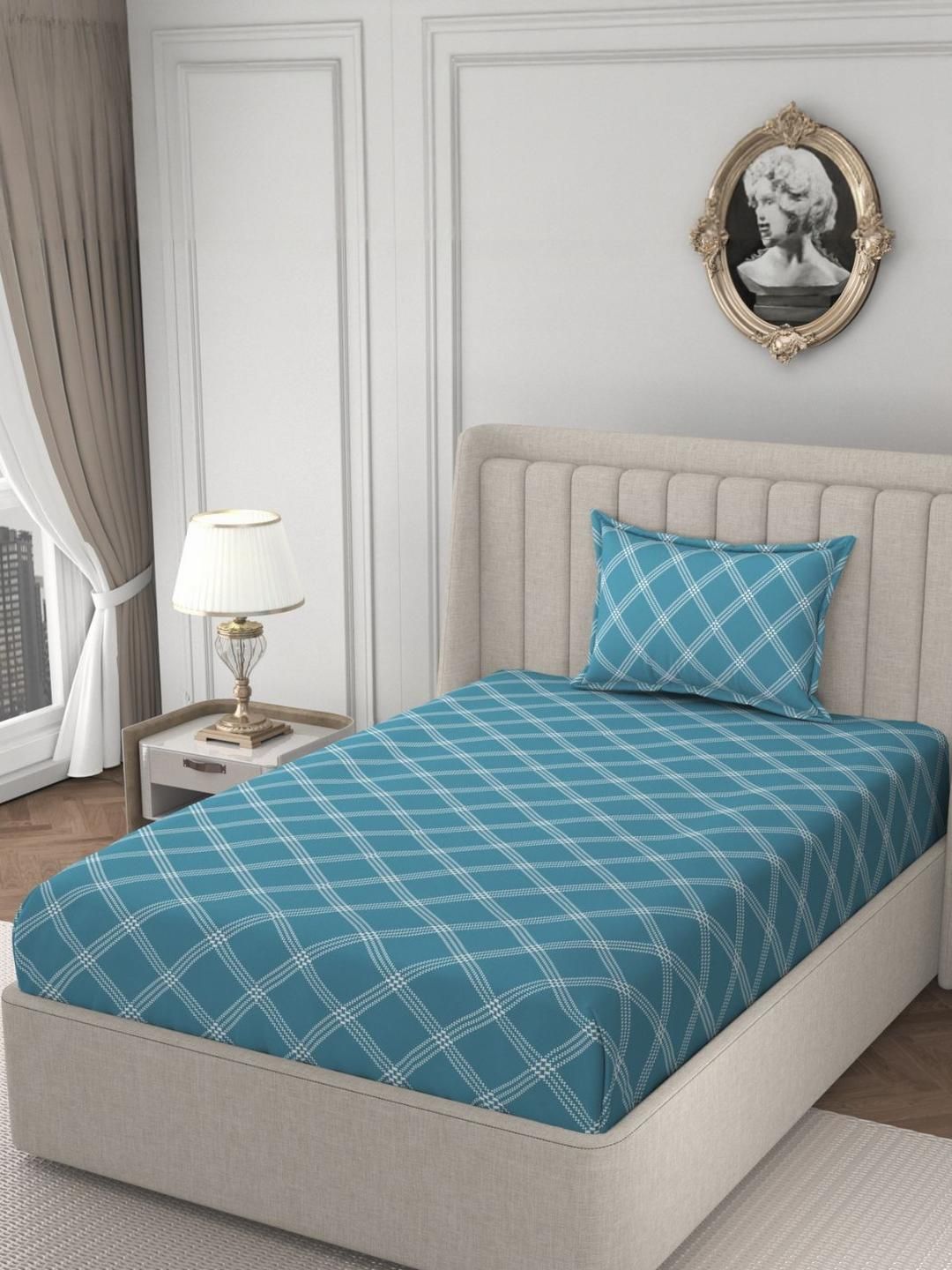 HIDECOR Blue 210 TC Single Bedsheet with 1 Pillow Covers-picture-30