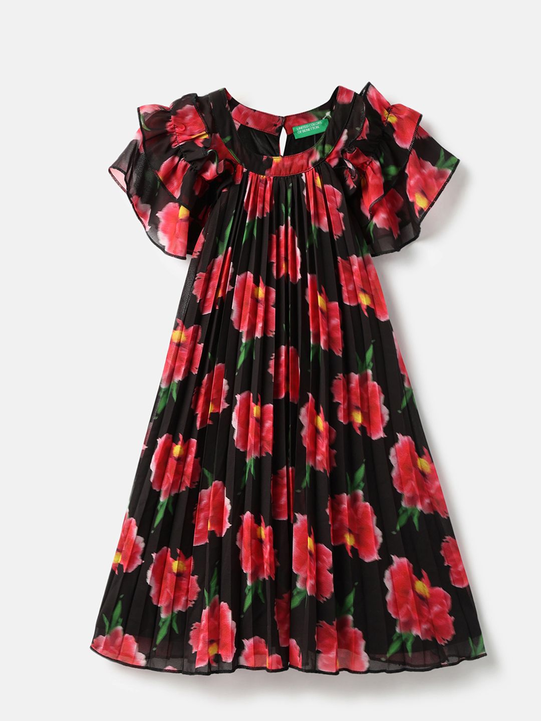 United Colors of Benetton Girls Floral Printed Round Neck Flared Sleeve A-Line Dress-picture-46