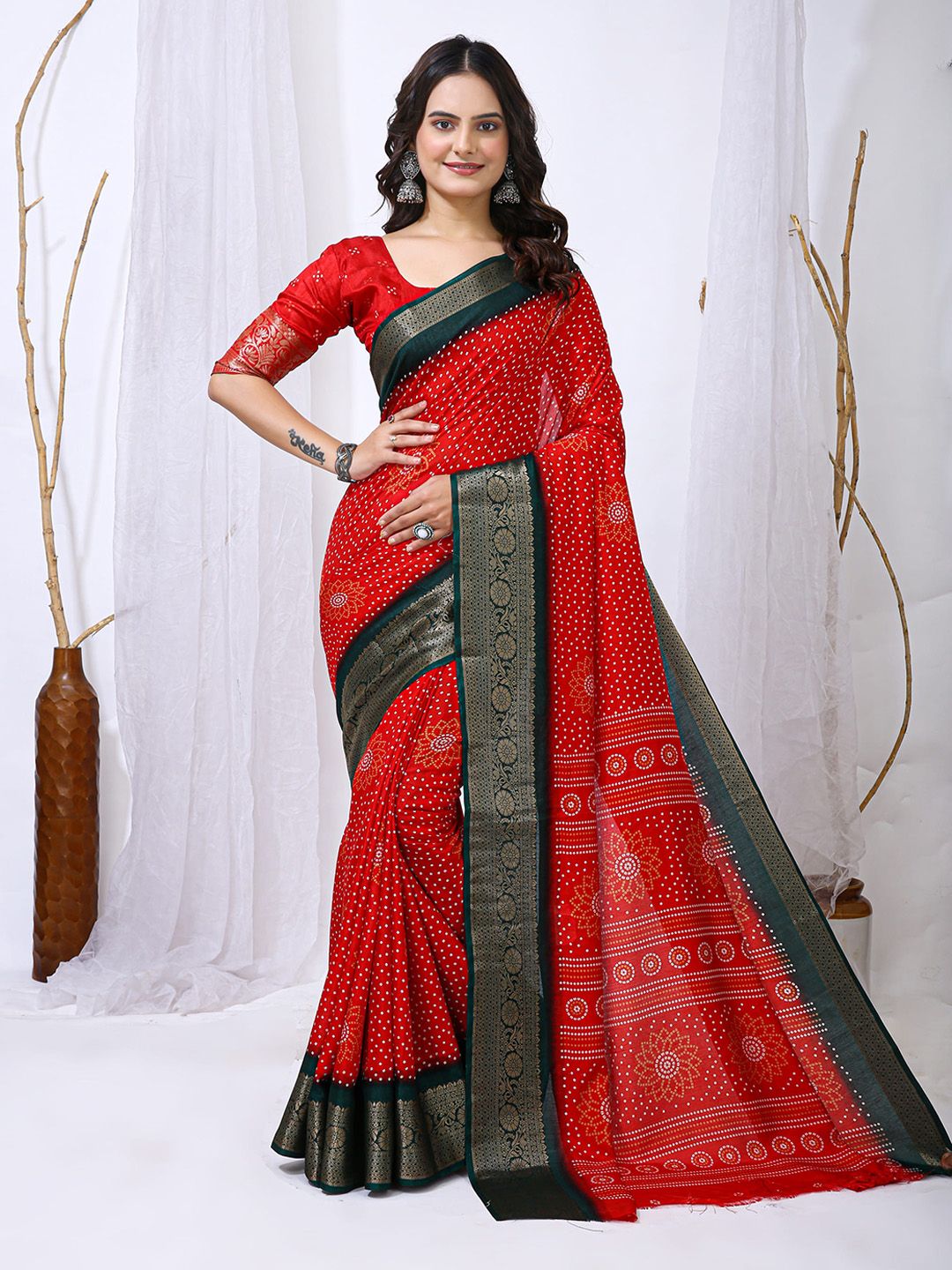 HERE&NOW Zari Pure Cotton Bandhani Saree-picture-18