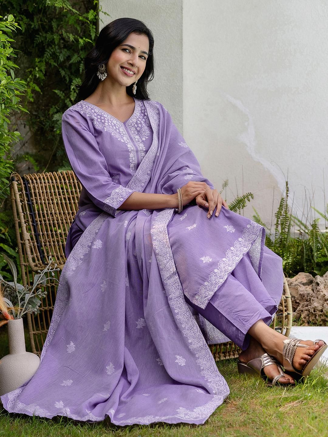 SANISA Women Lavender Cotton Blend Kurta Sets
