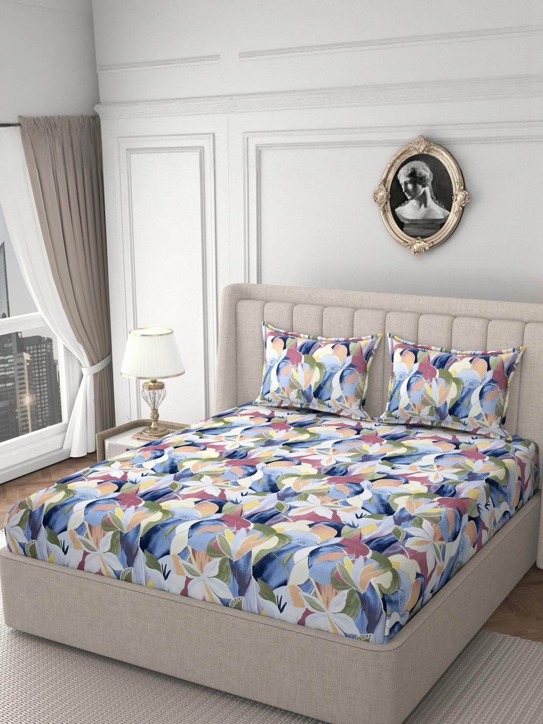 HIDECOR Blue & Yellow Abstract Printed 210 TC King Bedsheet with 2 Pillow Covers-picture-36
