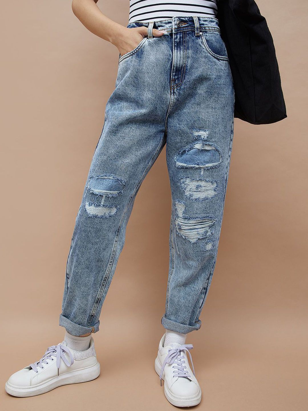 Ginger by Lifestyle Women Tapered Fit High-Rise Highly Distressed Heavy Fade Cotton Jeans