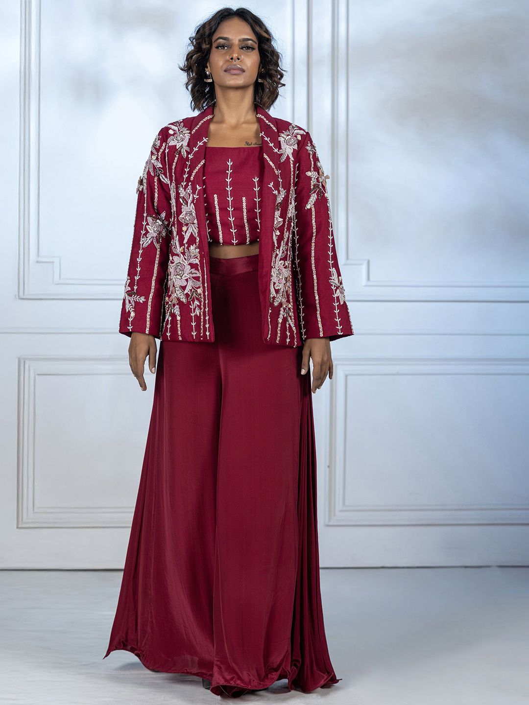 GloballyRonakRBafna Tailored Fit Embroidered Notched Lapel Long Sleeve Blazer-image-40