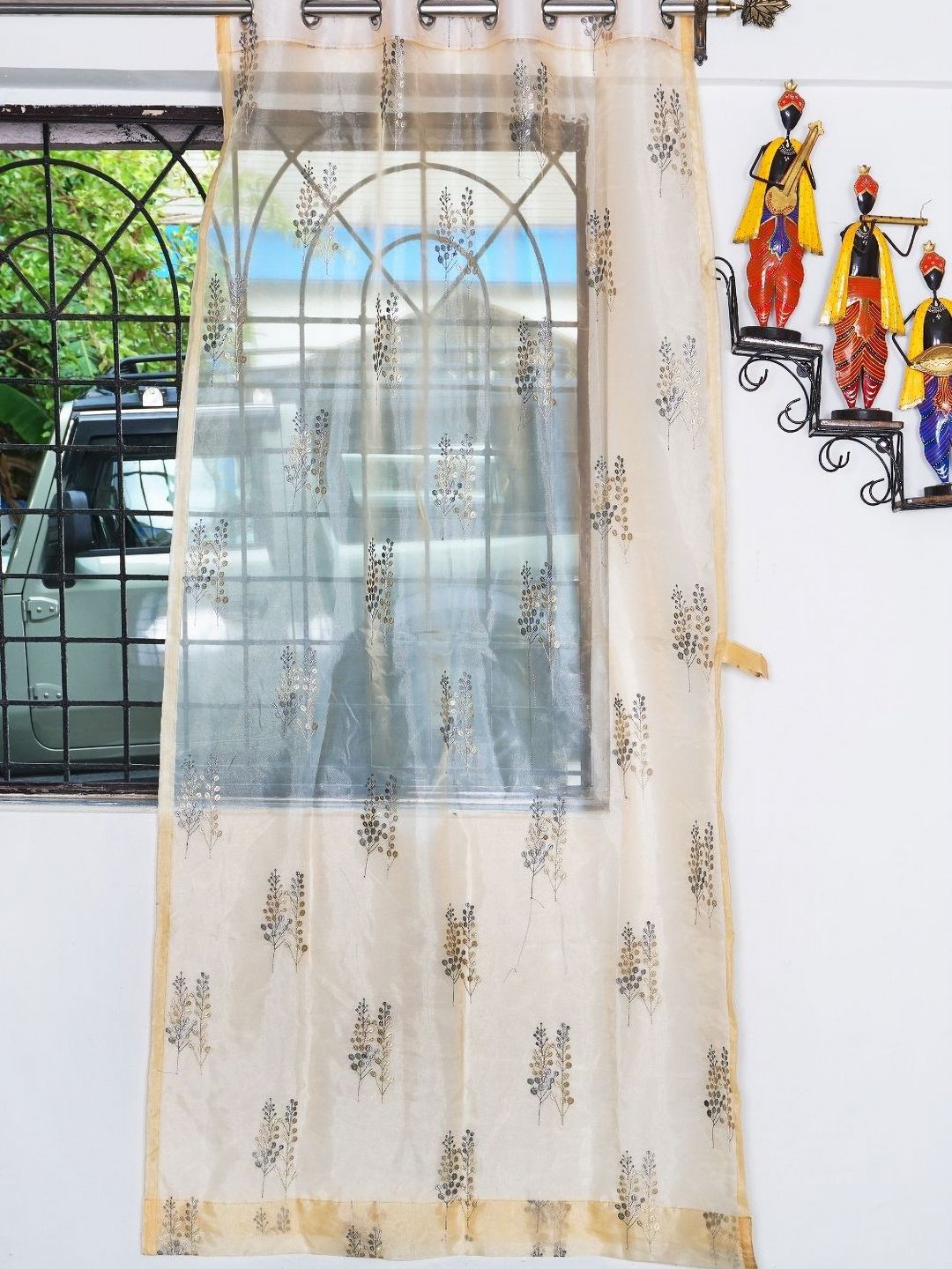 Parda Online Gold-Toned & Grey Floral Sheer Window Curtain-image-29