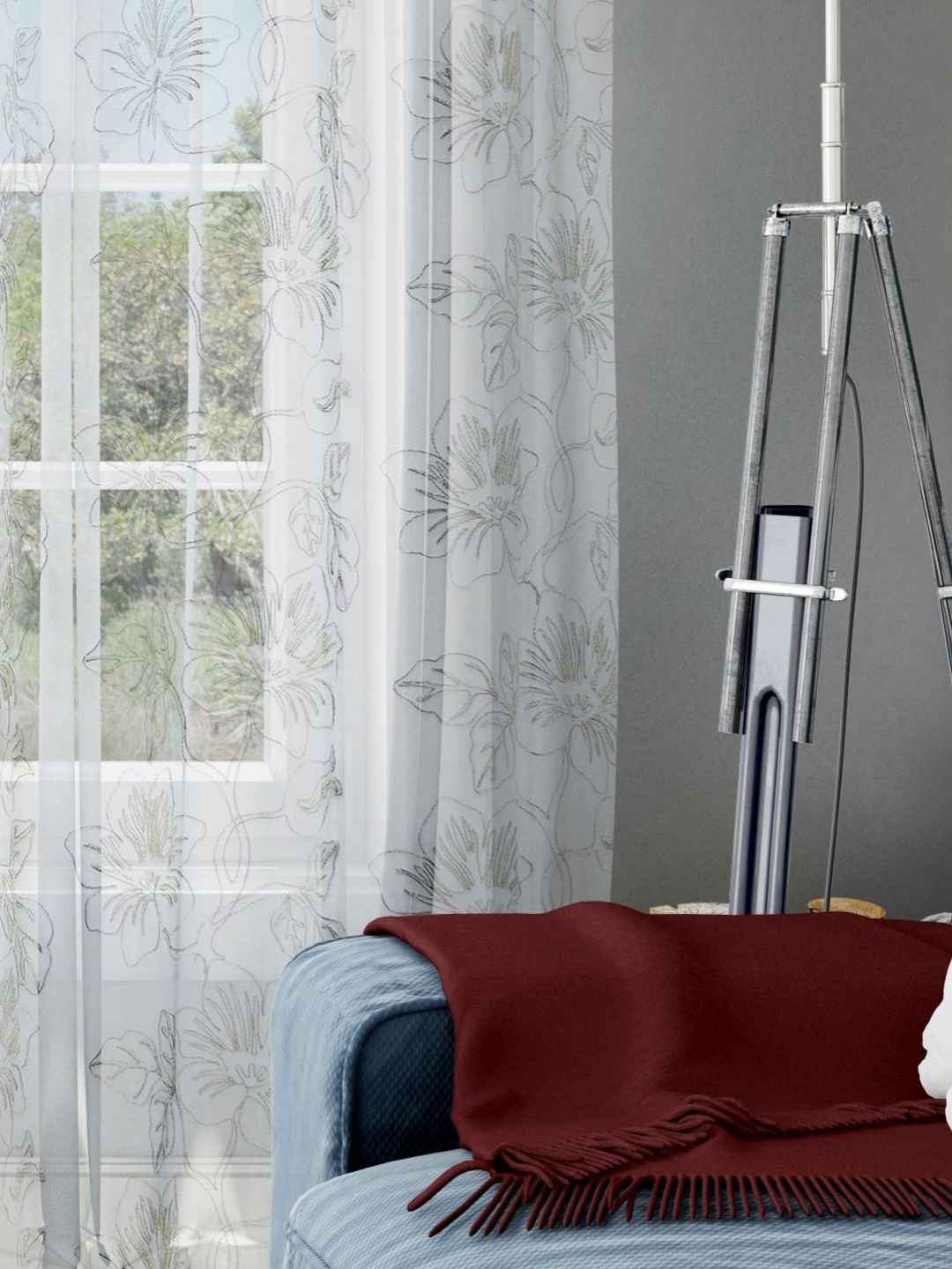 Parda Online White & Beige Set of 2 Floral Sheer Long Door Curtain-image-10