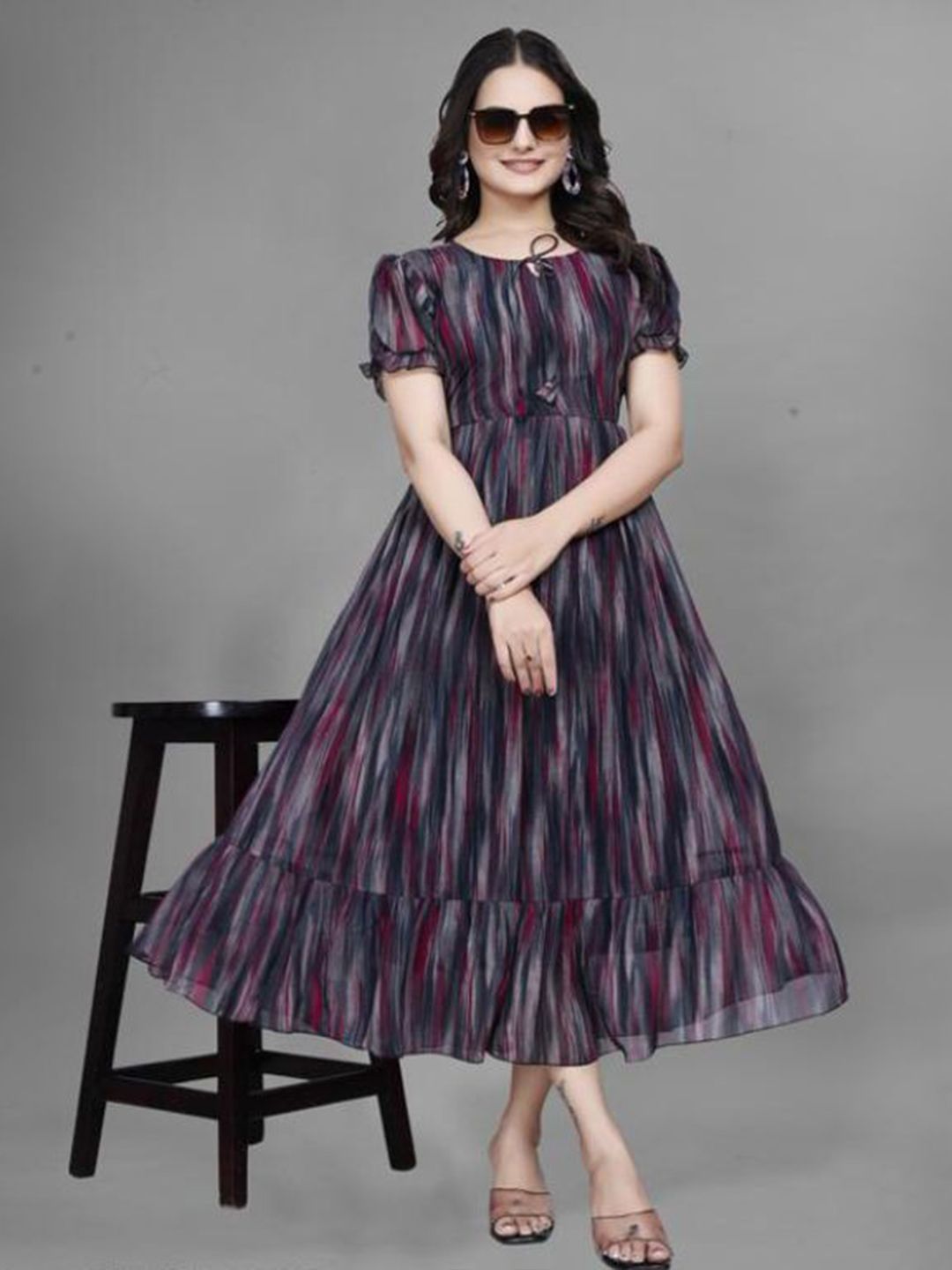 MISS CLOTHING Printed Tie-Up Neck Puff Sleeves Fit & Flare Midi Dress