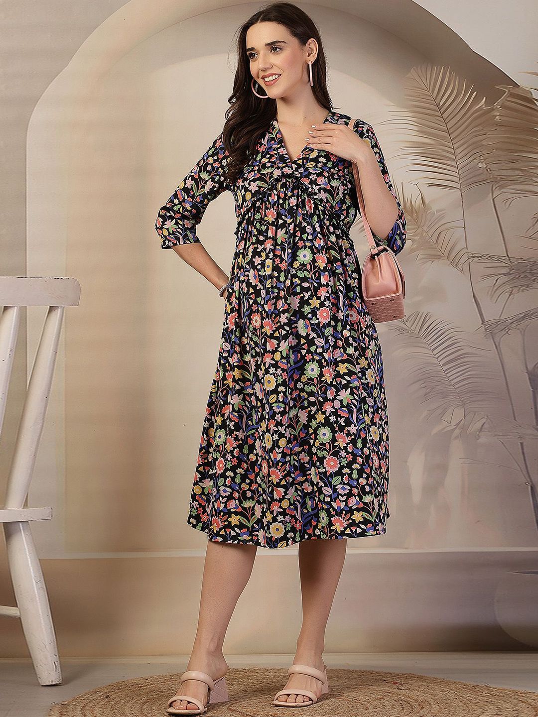 House Of Zelena Floral Print Maternity A-Line Midi Dress-image-46