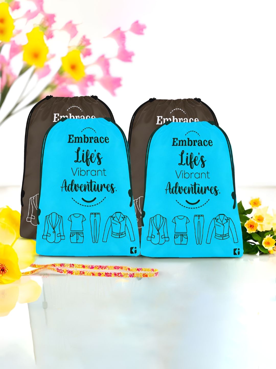 Aura Blue & Brown 4 Pieces Printed Foldable Laundry Bags-picture-12