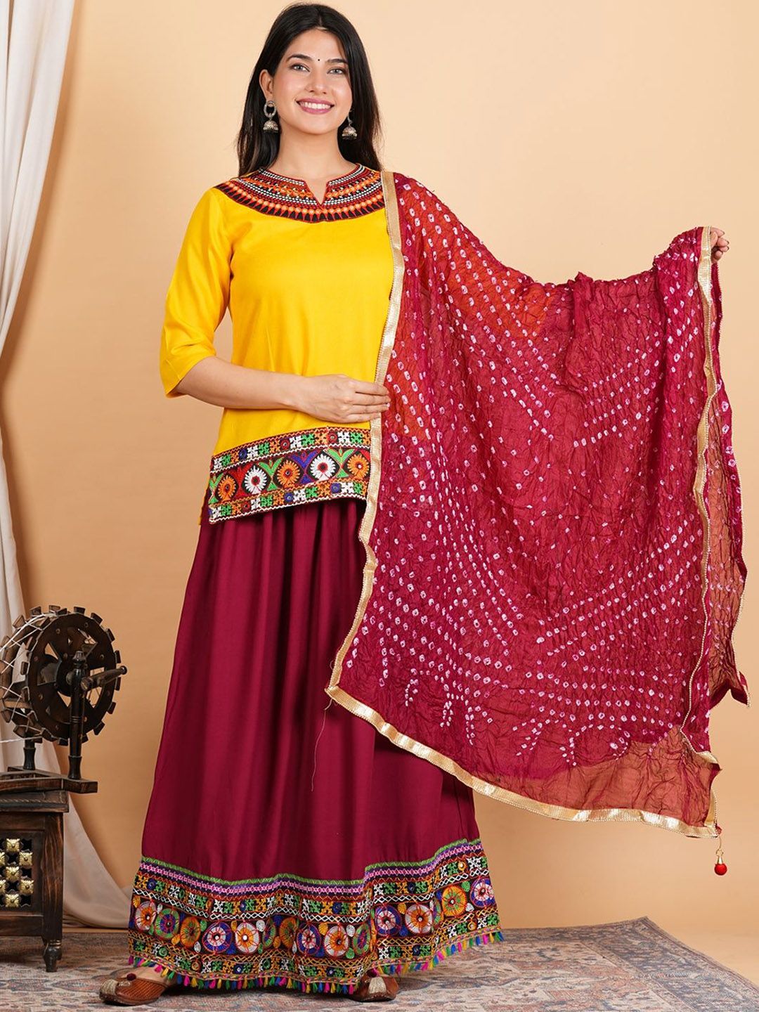 CANVIR Women Bandhani Embroidered Kurti with Skirt & Dupatta